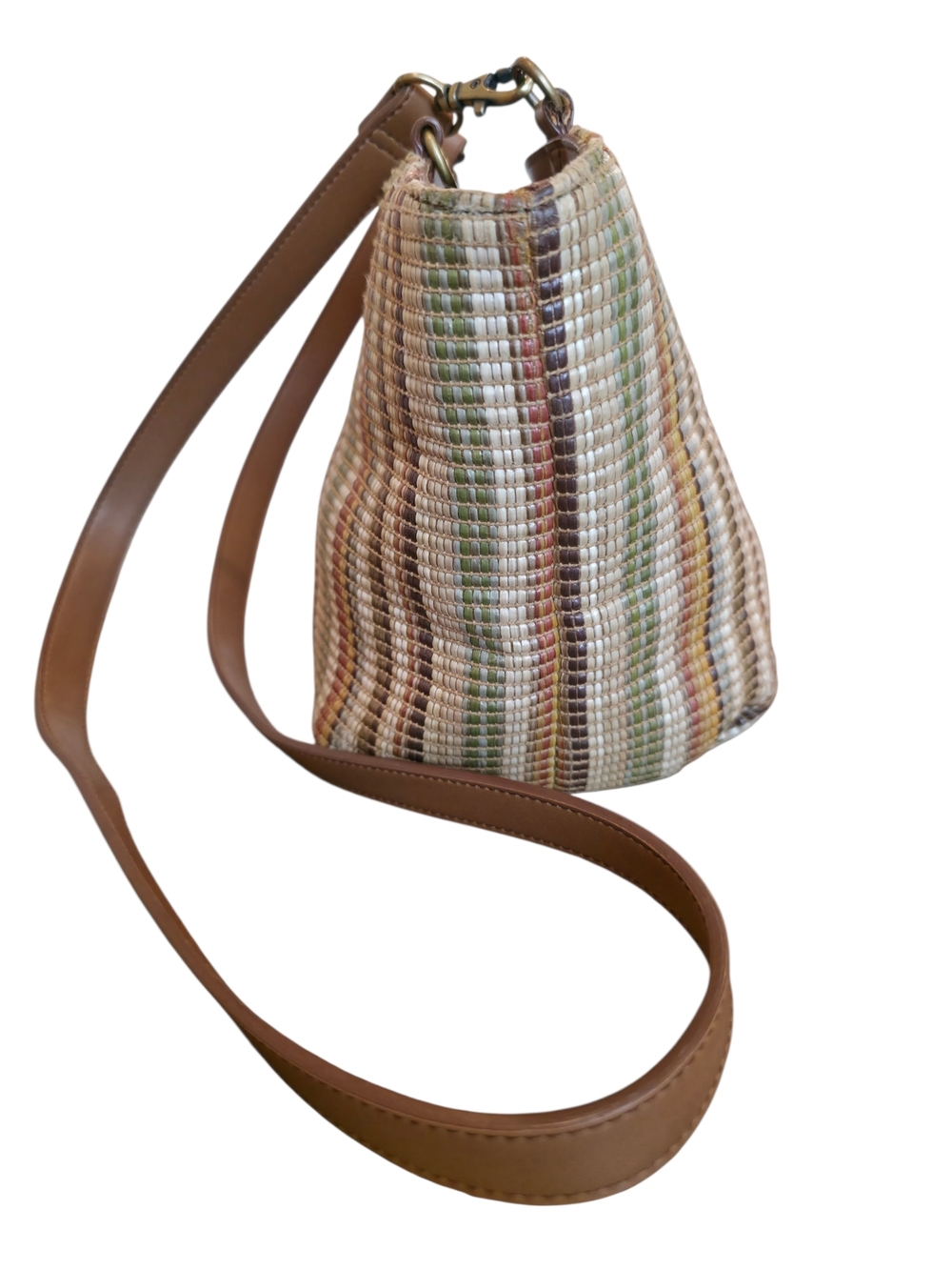 Fossil Boho Woven Crossbody Bag Multicolor Stripe Leather Trim - Picture 2 of 11
